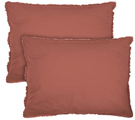 MATT & ROSE Taies d'oreiller 50x70 cm Lot de 2 Unies à Franges Coton LAVÉ | 100% Coton Lavé | Terre Cuite | Oeko-TEX