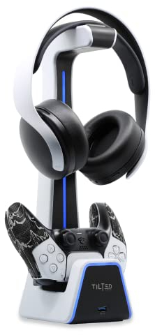 Tilted Nation RGB Headset Stand with Charging Station - for PlayStation or PC - PS4 / PS5 Controller Holder with Charger - Headphone and Game Controller Holder for Desk - White