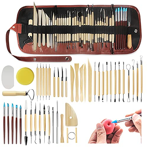 Strumenti di Scultura 46 Pezzi Strumenti di Ceramica per la Scultura, Kit Attrezzi Scultura Argilla, Strumenti di Ceramica con Diverse Dimensioni e Forme, Attrezzi Ceramica con Sacchetto di Stoccaggio