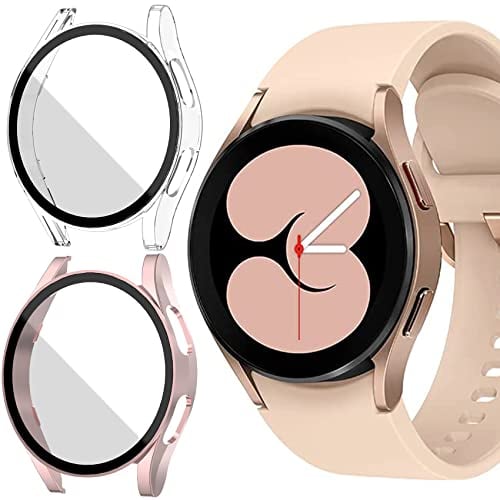 Jvchengxi [2 Pack Case for Samsung Galaxy Watch 4 / FE 40mm Screen Protector, Hard PC Matt Case+HD Tempered Glass Anti-Scratch Protective Film Bumper Cover for Galaxy Watch FE / 4 (Clear/Rose Gold)