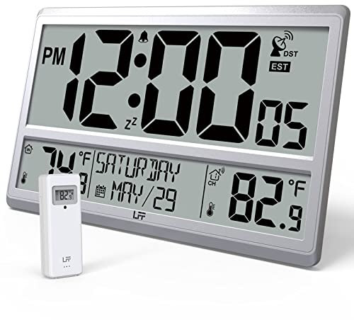 LFF Atomic Clock 4.5 Numbers, Atomic Wall Clock with Indoor & Outdoor Temperature，Never Needs Setting, Battery Operated, Date, Time, Wireless Outdoor Sensor, Jumbo Display Easy to Read