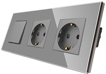 CNBINGO Solecke Doble con interruptor de luz, con placa de vidrio, moderno interruptor de pared Gris de vidrio cristalino, con material fluorescente, interruptor de 1 bandas de 1 vía, 10A 250V