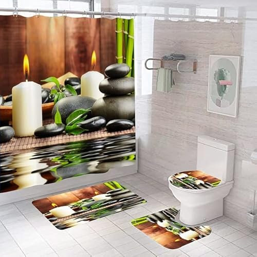 YCDtop Ensemble de 4 Rideaux de Douche Zen Vert Bambou Bouddha Rideau De Douche Ensemble Tapis Antidérapant Toilette Couvercle Couverture Tapis De Bain Pierre Fleurs Jardin Paysage Salle De Bains Rid
