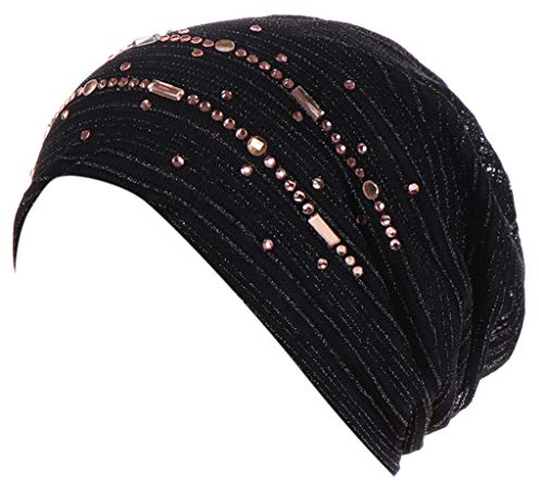 Beani Frauen Chemo Mützen Spitzen Frau Hut Kopftuch Super Weich Slouchy Turban Kopfbedeckungen Kop Wraps für Haarausfall, Kreb, Chemo Schwarz