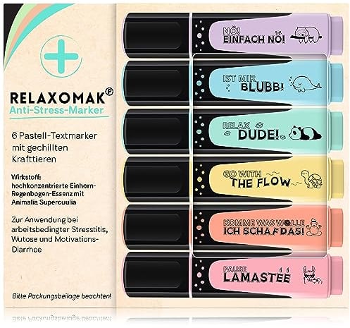 GLÜCKSGUT® 6x Textmarker Pastell | Geschenkbox & Anleitung | Scherz-Medikament | Anti Stress | Büro Schule Studium Uni | Abschiedsgeschenk für Kollegen Chef Lehrer