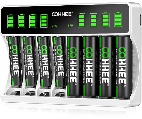 BATZONE Akku Ladegerät mit 4 x AA Akku und 4 x AAA Akku, für Mignon AA, Micro AAA NI-MH/NI-CD wiederaufladbar Batterien, 8-Ladeplatz mit Großer LCD-Bildschirm
