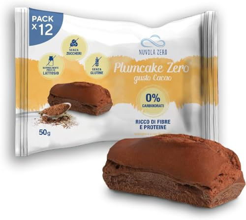 Nuvola Zero – Plumcake Zero mit Kakao ohne Kohlenhydrate, laktosefreier Snack, zuckerfrei, glutenfrei, reich an Ballaststoffen, Packung mit 12 Stück, hergestellt in Italien