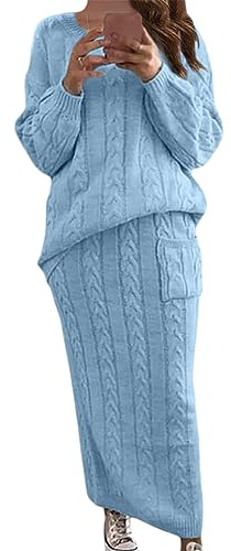 ORANDESIGNE Damen Strickkleid 2 Stücke Gestrickter Rock Set Zweiteiliger Anzug Rundhals Pullover Oberteil und Langer Strickrock Bodycon 2 Stück Set Maxikleid Pulloverkleid