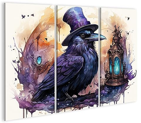 islandburner Bild auf Leinwand Schwarzer Vogel Trägt Lila Zylinder Halloween Raven Top Hat Schwarzer Vogel Träg Bilder Wandbilder Poster JDES-3P