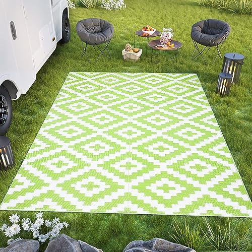 TAPISO Ibiza Teppich Outdoor Zweiseitig Wendbar Wasserdicht Resistent Quadrate Diamanten Kariert Weiß Grün Picknick Strand Garten ÖKO-TEX 150 x 240 cm