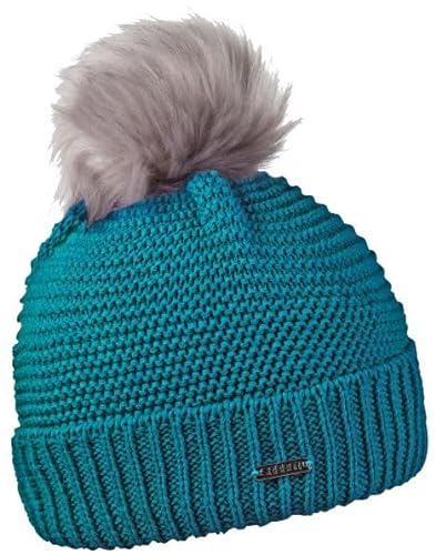 SABBOT Klassisch Damen Mütze mit Pelzbommel, Fleece-Futter, Wintermütze, Strickmuster, Warme Kappe mit Kragen (Türkis)