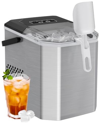 Silonn Máquina de Hielo Pequeña con Asa de Transporte, Máquina de Hacer Hielo Autolimpiable con Cesta y Pala, 9 Cubos en 6 Minutos, 12 kg por Día, Ideal para Casa, Cocina, Camping y RV