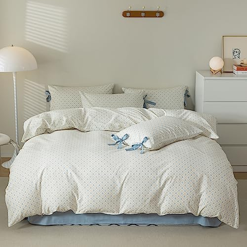 MOTNTD Cottagecore Bettwäsche-Set mit blauem Blumenmuster, Vintage-Bettwäsche-Set für Doppelbett, ästhetische Blume, niedliches Mädchen-Bettwäsche-Set mit 2 blauen Schleifen-Kissenbezügen, weiches