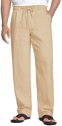 COOFANDY Men's Trousers Linen Summer Casual Pants Loose Fit Baggy Elastic Waist Trousers Yoga Pants for Beach Holiday with Drawstring Lightweight Light Coffe XL