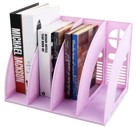 Chstarina Classeur de Bureau, Porte-revues en Plastique, Boîte de Rangement 4 Compartiments, Organiseur de Bureau, pour Document Papier A4 Cahier Magazine Fichiers (Violet)