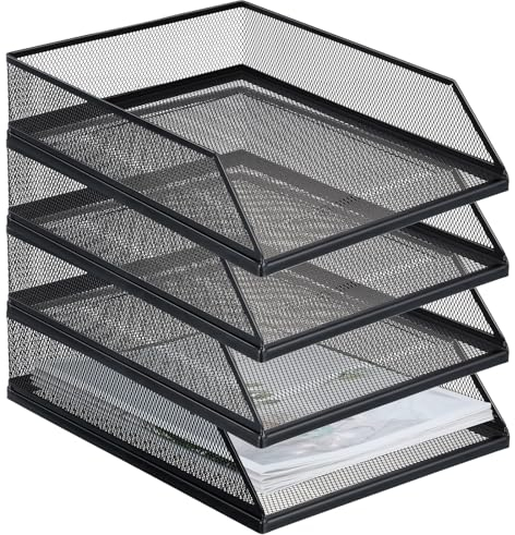 Hicarer Briefablage aus Metall, stapelbar, 1 Drahtgeflecht, Organizer, Frontlader, Papierhalter für Schreibtisch, Büro, Zuhause, Schule, Klassenzimmer, 32 x 24 cm, Schwarz, 4 Stück