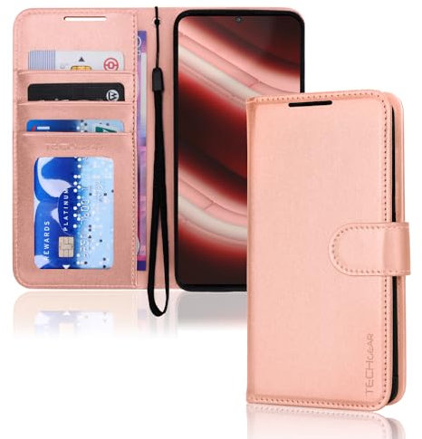 TECHGEAR Étui Portefeuille en Cuir for Nothing Phone 2a, étui de Protection pour Flip Book [Blocage RFID] avec Porte-Cartes, Support et Bracelet — Cuir PU doré Rose avec Fermeture magnétique