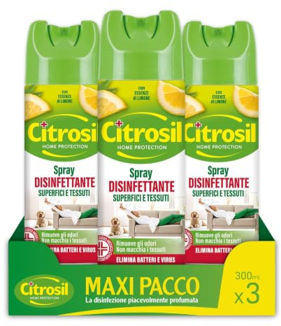 Citrosil Disinfettante Spray Superfici e Tessuti 300 ml x 3 | Elimina fino al 99,9% di virus, batteri, muffe, lieviti e cattivi odori. Profumo di limone, senza residui né macchie.