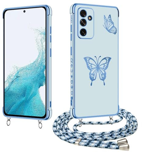E-Lush Handyhülle für Samsung Galaxy A54 5G Hülle mit Band, Handy Hülle für Samsung A54 5G Hülle mit Kette Schmetterling Galvanik Silikon Stossfest Schutzhülle Schnur mit Case zum Umhängen, Blau