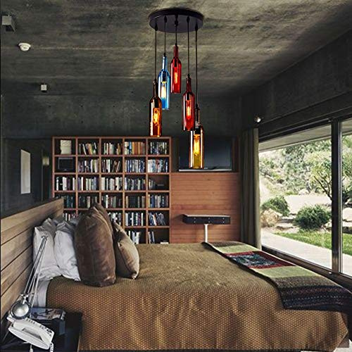 HIVGHOIO Glass Bottle Chandelier 5 Industrial Ceiling Chandelier Colored Wine Bottle Chandelier Creative Retro Ceiling Chandelier Glass Pendant Lighting E27 for Dining Room Living Room Bar Hotel