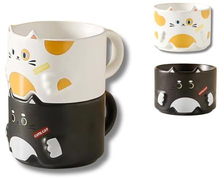 Luxxe Haus 2 Pack Cute Cat Mugs - Two Ceramic 300ml/10oz Tea Coffee Cups with Adorable Cartoon Kitten Design - Stackable Mugs Set - Great Gift for Cat Lovers & Kids (Black and White)