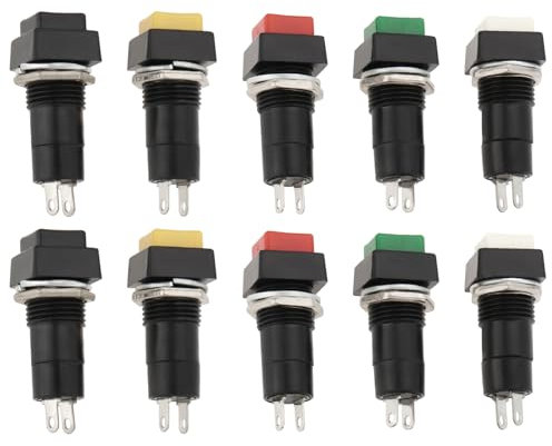 YINETTECH 10 Stück 12mm Ein/Aus Verriegelung Quadratischer Drucktastenschalter SPST Verriegelnder Druckknopfschalter 250 V/3 A für Autoelektronik Schwarz Weiß Gelb Grün Rot