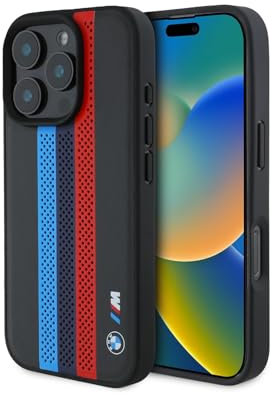 CG Mobile BMW HC M Handyhülle entworfen für iPhone 16 Pro, langlebig, stoßfest, kompatibel mit Magsafe, PU perforiert dreifarbig Bedruckte Streifen Hülle schwarz