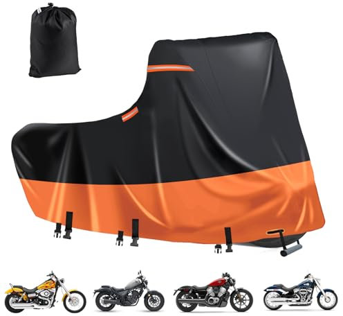 Housse de Moto imperméable pour l'extérieur,Bâche de Moto Protection 600D, imperméable,pour Moto,Scooter,avec 5 Bandes réfléchissantes,2 Trous d'aération,Anti-UV (XL 218 x 99 x 129 cm Noir-Orange)