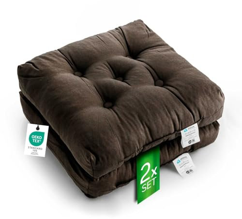 etérea Sitzkissen 42x42 cm 2er Set - Braun 8 cm hoch - Bodenkissen für Indoor, Outdoor, Küche, Garten, Auflage - Heidi Stuhlauflage - 2 Stück Stuhlkissen 40x40 cm Braun