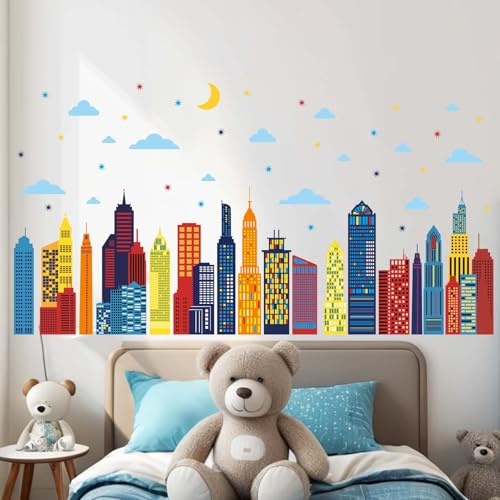 Amimagen Bunte Stadt Skyline Wandaufkleber - Stadt Gebäude Silhouette Wandaufkleber - Jungen Kinderzimmer Kinderzimmer Schlafzimmer Wohnzimmer Wanddekoration