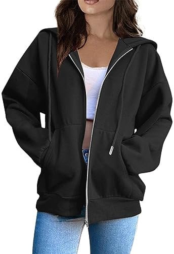 Hoodies for Women Uk Oversized, Women's Long Sleeve Sweatshirts Soft Comfortable Casual Hooded Jackets with Pockets Oversized Zip Up Hoodies 18th Birthday Gifts for Girls,Black,M,U11K