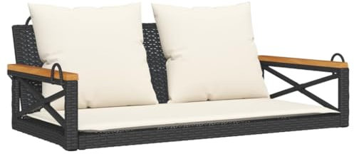 HETFTJN Bänke Sitzbank Flur Lounge Sessel Outdoor Balkon Sessel - Hängebank mit Kissen Schwarz 109x62x40 cm Poly Rattan für Balkon Garten Terrassen Park