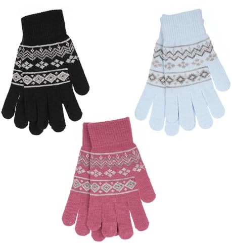 A2Z Ladies Gloves 3 Pack Fairisle Knitted Warm Winter Gloves Full Fingers Fuzzy Stretchy Knitted Snow Mittens Women Walking Riding Driving Warm Gloves One Size Fits All