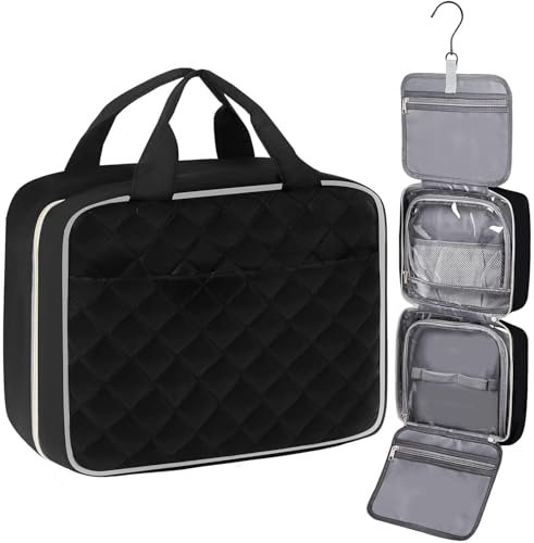 Trousse de Toilette Voyage Femme et Homme,Grande Capacité Sac de Toilette Makeup Trousse de Maquillage Sac Cosmétique Organisateur avec Crochet (Noir Trousse de Toilette de Voyage, Moyen)