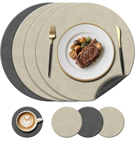 Kunstleder-Tischsets (38 cm) & Untersetzer (10 cm), Creme/Grau, 4er-Set | Beidseitig Runde Tischsets, hitzebeständig bis 212 °F, rutschfest & waschbar, für Glas-/Holz-/Marmortische, Garten im Freien