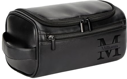 Kiddo Sky Trousse de Toilette Personnalisée Homme Sac Organisateuer de Toilette Trousse Personnalisable en Cuir pour Voyage Gym Business Vacance Cadeau Fête des Pères Mariage (Noir)