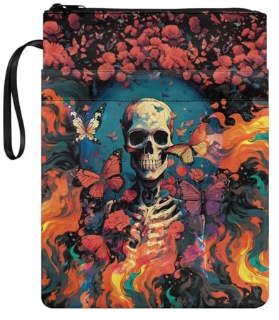 Buchumschlag Schmetterling Rose Feuer Schädel Druck und Fronttasche Liebhaber Geschenk 29,6 x 22,6 cm Bücher Protector Pounch mit Reißverschluss