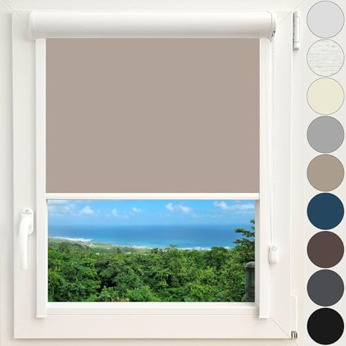 Kassettenrollo Thermorollo Verdunkelungsrollo Fenster Rollo mit Kassette und Führungsschienen zentimetergenaue Maßanfertigung Montage zum Kleben ohne Bohren Silberne Beschichtung Farbe Beige