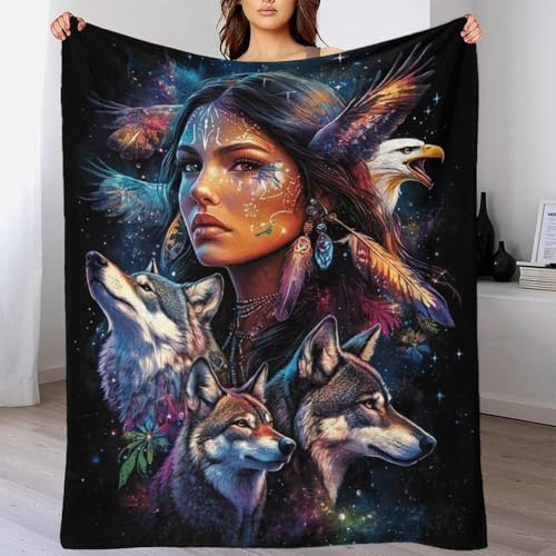 Kuscheldecke Kaninchen Plüsch Native American Decke Kunstfell Warme Überwurfdecke Sofadecke Vielseitig Mohican Wolves Blanket 70x80inch(180x200cm) Für Couch Bett Sofa