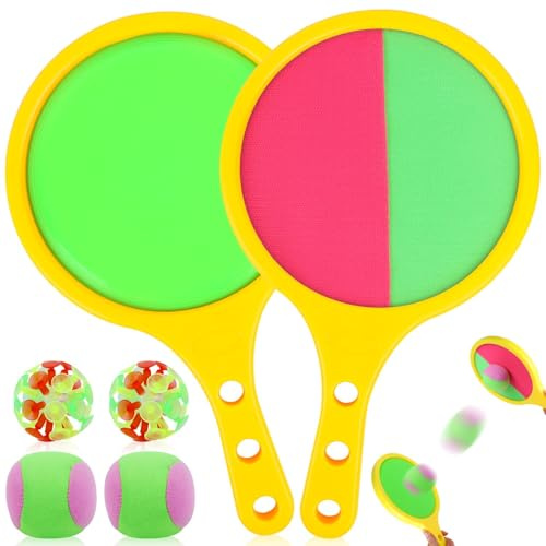 Balle Raquette Scratch Jeux de Lancer et D'attraper Enfants Lancer Catch Ball Jouet 2Pcs Jeu de Raquette Plage Balles Velcro Raquettes avec 4 Balles pour Jardin Extérieur Cour Piscine Plage