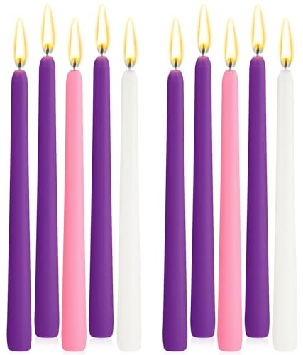 BBTO 10 Candele Natalizie dell'Avvento Set di Candele dell'Avvento Tradizionali da 9,9 Pollici 6 Viola 2 Rosa 2 Bianco Candele Coniche per l'Avvento, Ghirlande e Altre Decorazioni Natalizie