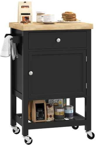 HOMCOM Küchenwagen mit Rädern, Servierwagen, Arbeitsplatte aus Gummibaumholz, Schublade, Schrank und Handtuchhalter, Küchen- und Esszimmerwagen, 63,5 x 40 x 90 cm, schwarz