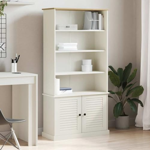 Mhdvray Bücherregal VIGO Weiß 85x35x170 cm Massivholz Kiefer Schrank mit Jalousie-Türen Platzsparendes Hochregal für Wohnzimmer Schlafzimmer Büro