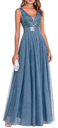 Infuness Abendkleider Elegant Für Hochzeit V-Ausschnitt Pailletten Tüll Ballkleid Damen Lang Ärmellos Cocktailkleider Partykleid