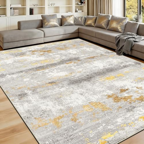 WQMMD Waschbarer Wohnzimmer Teppich XXL 300x400 cm - Beige Grau mit Gold Moderner Abstrakter Kurzflor Teppich, rutschfest & Weich, Großes Teppiche für Esszimmer, Büro & Schlafzimmer