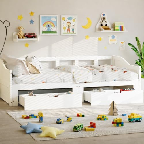 Hoscullo Kinderbett Ausziehbar 90/180x200 cm, Schlafsofa mit 2 Schubladen und Lattenrost, Jugendbett Funktionsbett mit Stauraum, Ausziehbett Gleiche Höhe, Einzelbett und Doppelbett, Weiß
