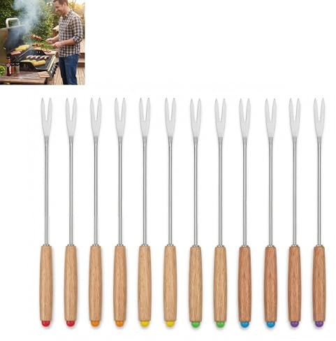 Juego de 12 Tenedores para Barbacoa y Fondue con Mango de Madera y Acero Inoxidable - Cubiertos Duraderos con Diseño Colorido y Mango Resistente al Calor para Asados y Fondue
