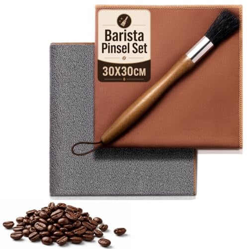 2er Barista Tuch Set 30x30cm, 500GSM Mikrofaser & Holzpinsel für Siebträger | 2 Tücher + 1 Kaffeepinsel, 500GSM, Mikrofaser, fusselfrei, saugstark, für Dampflanze, Kaffeemühle, waschbar