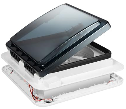 buedmsk Wohnmobil Lüfter Dach, Dachventilator 12V mit Schwarzer Halbtransparenter Deckel und 4 LED-Licht, 28x28cm Dachlüfter Wohnmobil für Wohnwagen & Caravan, Extrem Leise Dauerbelüftung