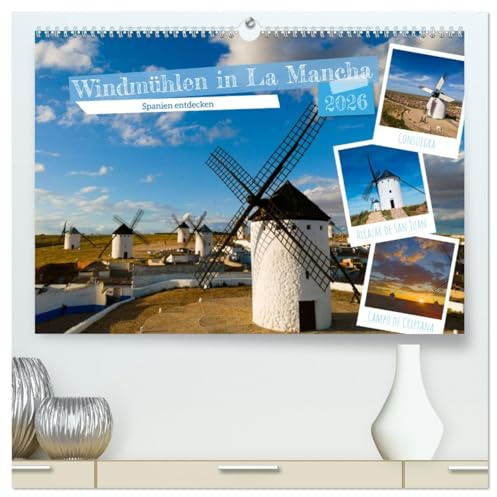 Windmühlen in La Mancha (hochwertiger Premium Wandkalender 2026 DIN A2 quer), Kunstdruck in Hochglanz: Entdecken Sie die Magie der weißen Windmühlen in La Mancha (CALVENDO Orte)